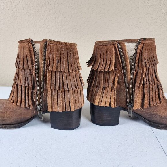 Freebird- Belle Brown Leather Fringe Ankle Boots Rear Zip Booties Bootie, Size 7 - Picture 6 of 12